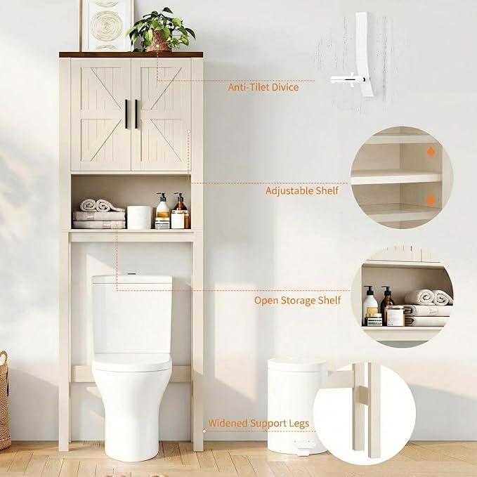 IDEALHOUSE 23.6 Inches Wide Toilet Rack with Over The Toilet Storage Cabinet, Bathroom Shelf Organizer with Anti-Tip Device, Small Freestanding Space Saver with Adjustable Shelf (Beige 23.6" W)