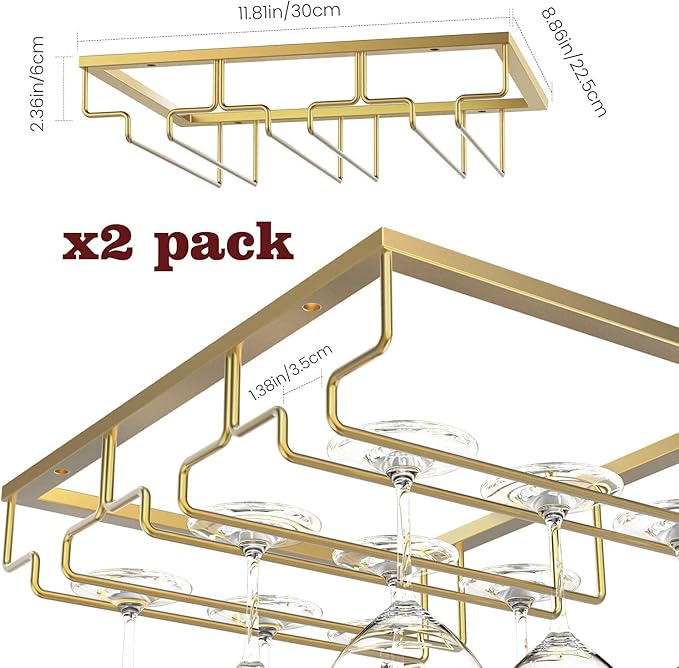 Nuovoware Wine Glass Rack, [2-Pack] Wine Glass Hanger Rack Under Cabinet Stemware Holder Storage Hanger for Bar Kitchen Cabinet (3 Rows) - Gold