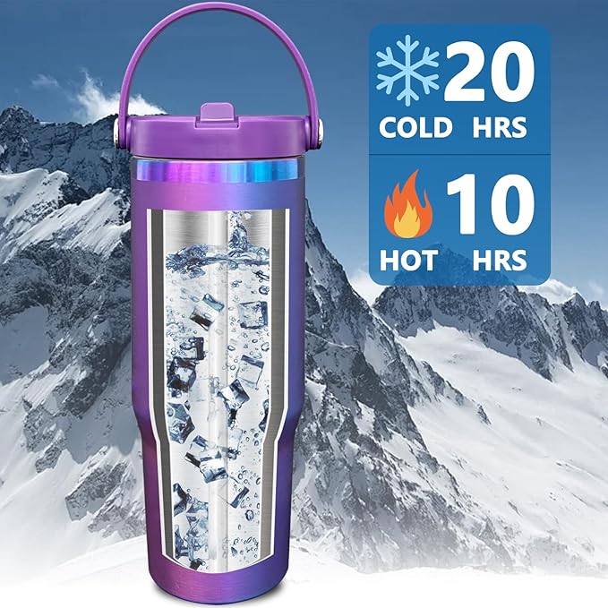 30 oz Tumbler Bulk with Handle and Straw, Vacuum Insulated Tumblers with Flip Straw and Top Handle, Leakproof Powder Coated Tumbler, Stainless Steel Travel Mug for Coffee (BluePurple, 8 Pack)