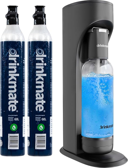 Drinkmate OmniFizz Sparkling Water Maker & Soda Streaming Machine | Carbonates Any Drink | VALUE KIT | Includes Two 60L CO2 Cartridges + One BPA-Free Bottle (Matte Black)