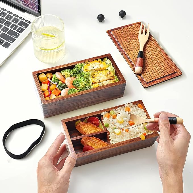 AOOSY Wood Bento Box, Lunch boxes, Japanese Traditional Natural Square Wooden Lunch Containers Women's Men's Adult Wood Bento Box with Spoon Fork kit