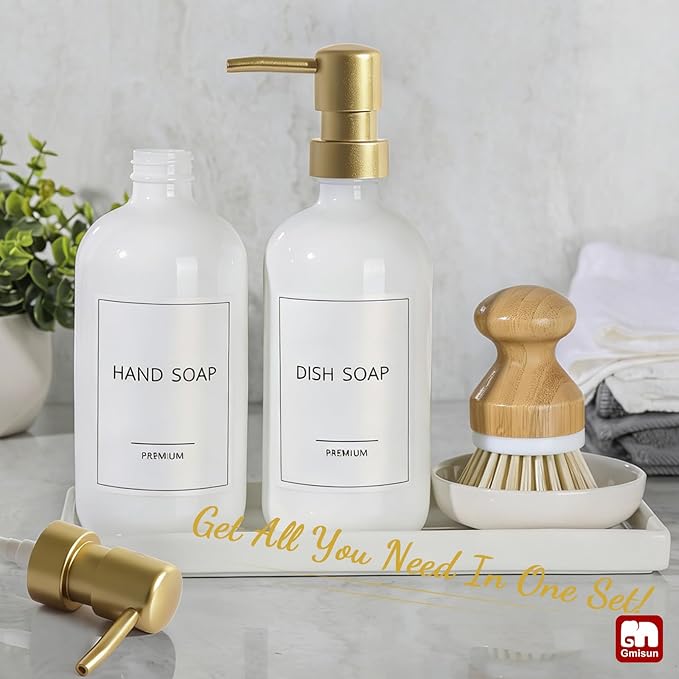 GMISUN Kitchen Soap Dispenser, 16 Oz Kitchen Dish Soap Dispenser Set with Ceramic Tray & Bamboo Brush, 2Pcs Farmhouse Dish Soap Dispenser for Kitchen, Modern White Glass Liquid Hand Soap Dispenser