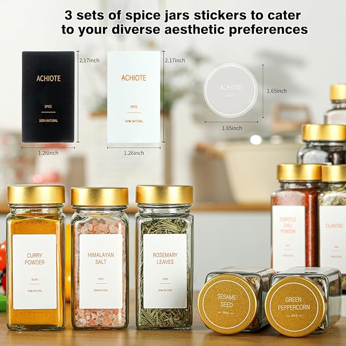 Gold Spice Jars with Label，4oz Seasoning Containers, Glass Spice Bottles with Shaker Lids,Funnel, Chalk Pen for Cabinet，Drawer，Rack(24)
