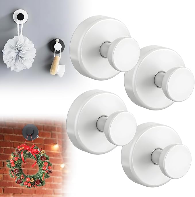 Suction Cup Hooks for Wreaths on Glass, 2025 New No Drill Suction Cup Hooks for Shower, Wreath Hanger Holder for Front Door, Upgraded Towel Hooks for Window Bathroom Mirrors (4, White)