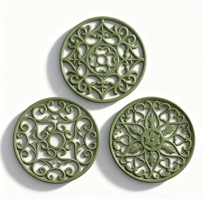 ME.FAN Trivets for Dishes/Pots/Pans, 3 Pcs Silicone Mats, Flexible/Durable/Non Slip Hot Pads to Protect Table and Counter Top (Olive Green)