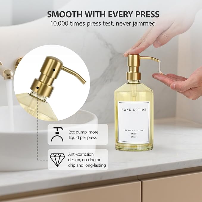 Dish Soap Dispenser for Kitchen, Glass Kitchen Soap Dispenser Set with Stainless Steel Pump, Modern Farmhouse Bathroom Decor & Accessories (Yellow Bottle/Gold Pump)