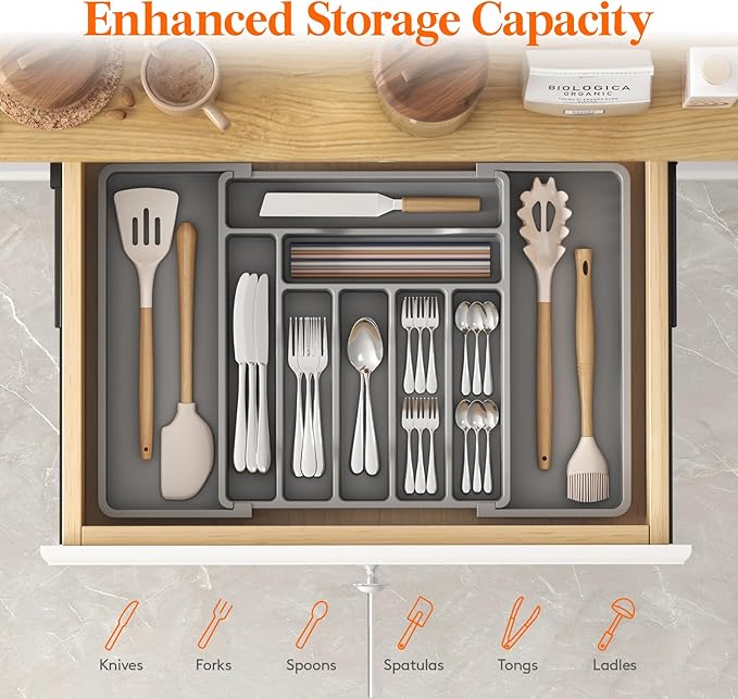 Lifewit Utensil Organizer for Kitchen Drawers, Expandable Utensil Organizer for Kitchen Drawers, Plastic Kitchen Spatula Tools and Gadgets Storage Divider