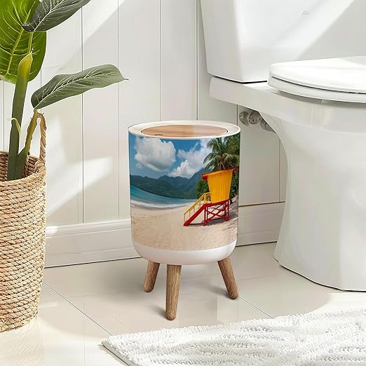 Trash Can with Lid maracas beach trinidad tobago lifeguard cabin empty beach maraca Press Top Round Small Garbage Bin with Wooden Legs Waste Basket for Kitchen Bedroom Nursery 7L/1.8 Gallon