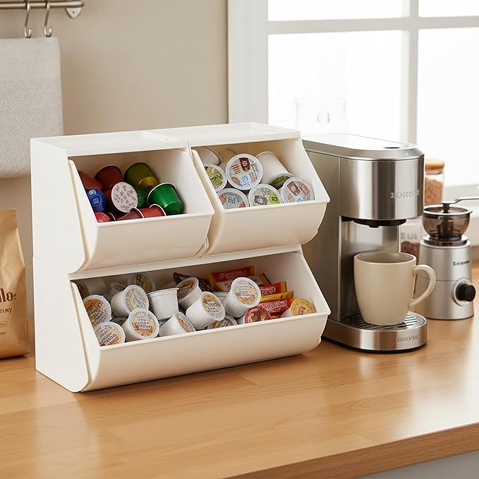 3 Pack Coffee Pod Holder for Kitchen Counter, Plastic Storage Organizer Box for Office Desktop, Large Tea Bags Basket ( Cream )