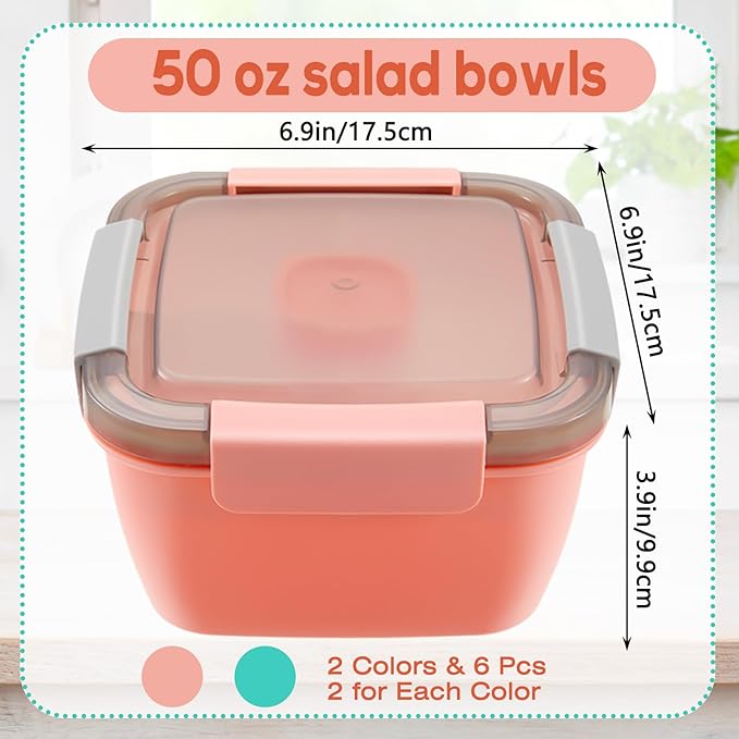 Tessco for you 6 Pcs Salad Lunch Container 50 oz Salad Container with 3 Compartment Reusable Bento Box for Adults Stackable Lunch Bowl for Meal Snack Fruit (Pink,Green)