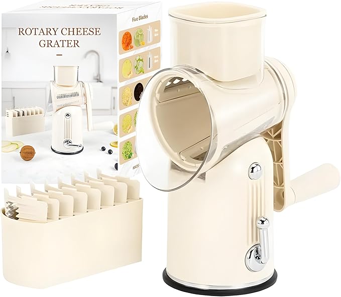 5-in-1 Manual Rotary Cheese Grater with Handle – Stainless Steel Replaceable Blades for Slicing, Shredding, Grinding & Wavy Cuts – Strong Suction Base, Blade Storage Box – White