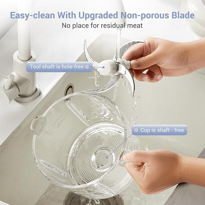 Bear Food Processor, Electric Food Chopper with 8 Cup/2L Handheld Glass Bowls, No-Hole 4 Bi-level Stainless Steel Blades for Easy Cleaning, 2 speed 400W Power Motor Grinder for Meat, and Baby Food
