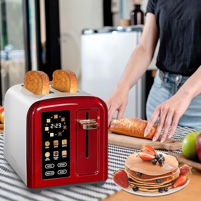 SEEDEEM Toaster 2 Slice, Full Touch Control Stainless Toaster, LCD Display, 50% Faster Heating Speed, 6 Bread Type, 7 Shade Setting, 1.5''Wide Slots, Removable Crumb Tray, 1350W, Dark Cherry