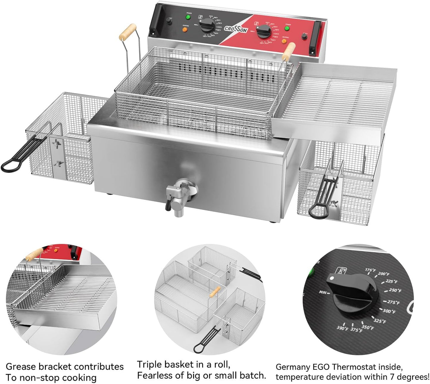 CROSSON 24Lbs Electirc Triple Basket Turkey Fryer With Oil Drain Spout,Oil Drain Rack,Commercial Countertop Donut Deep Fryer To Fry a Whole Fish or Turkey
