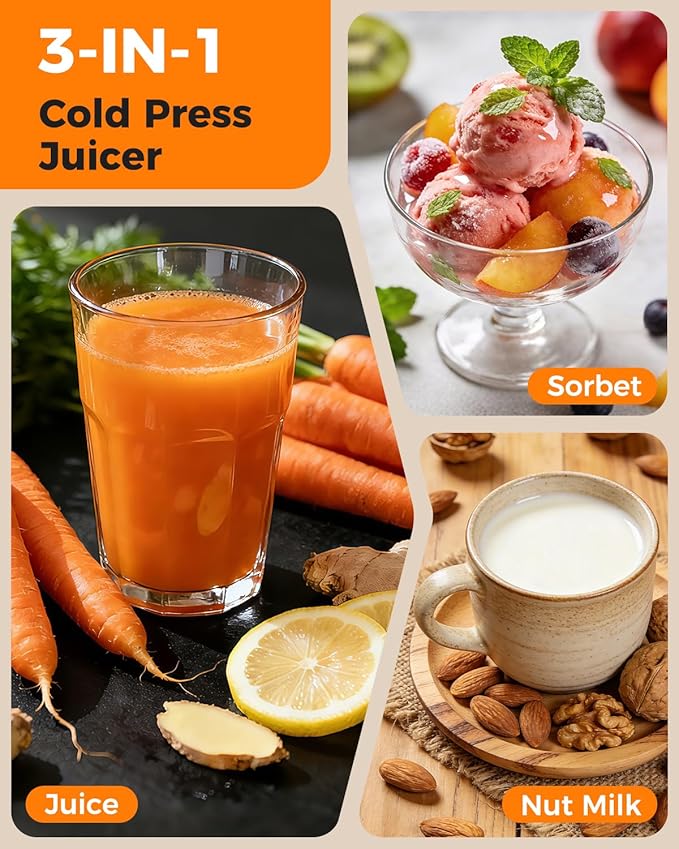ACOQOOS Juicer Machines, 6.5" Extra Large Feed Chute Cold Press Juicer 3-IN-1 with Sorbet & Nut Milk, BPA Free, Easy to Clean, 100 OZ Hopper, Ultra Black