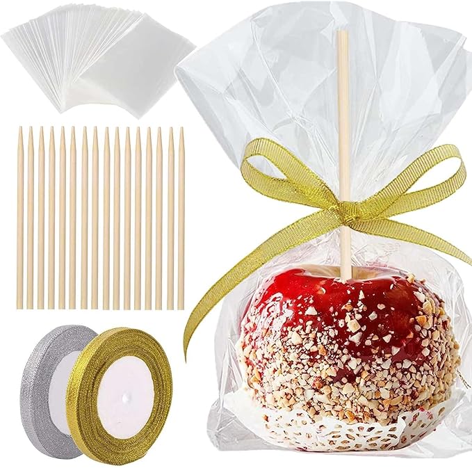 200 Pack Candy Apple Caramel Apple Sticks and Bags,100 Bags,100 Sticks, 50 Yard Gold and Silver Glitter Ribbon Caramel Apple Making kit