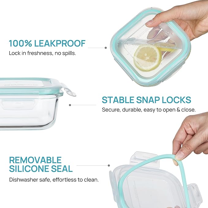Vtopmart 5Pack 17.5oz Glass Storage Containers with Lids, Glass Meal Prep Food Container Sets with Snap Airtight Lids for Microwave, Oven, Freezer and Dishwasher, Green
