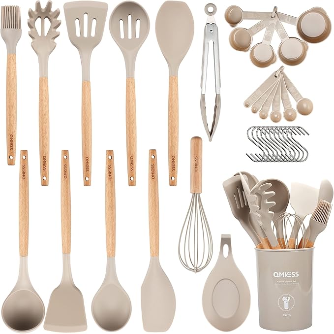 QMVESS Silicone Kitchen Utensils Set, 35 Pcs Non-Stick Cooking Utensils Set, Sturdy Insulation Wooden Handle Kitchen Accessories for Cooking with Spatula Set and Spoons Set Gadgets (Khaki)