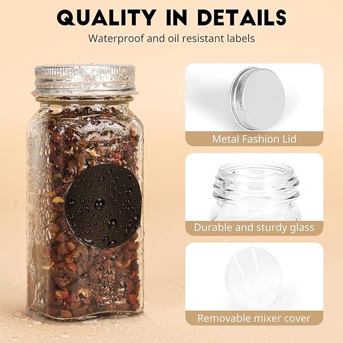 24Pcs Spice Jars with Label, 4oz Empty Square Seasoning Containers, Spice Jars with Shaker Lids, Small Spice Bottles for Salt, Herbs, Sugar, Pepper, Seasoning Jars for Spice Rack, Cabinet, or Drawer