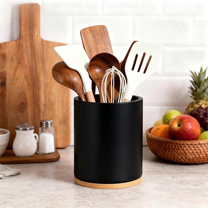 Wooden Utensil Holder, 360°Rotating 7.3'' Large Utensil Holder for Kitchen Counter, Kitchen Utensil Organizer, Utensil Crock, Farmhouse Kitchens Countertop Decor, Black Color