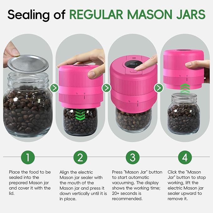 Mason Jar Vacuum Sealer Kit, Electric Sealer for Wide and Regular Mouth Mason Lids, Canning Vacuum Sealer Mason Jar, Automatic Vacuum Sealer Machine for Food Storage - Rose Red