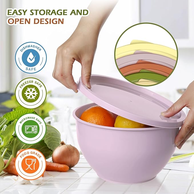 Greentainer Plastic Mixing Bowls with Lids Set for Kitchen, 5 Set Nesting Bowls for Mixing, Baking, Prepping, Cooking and Serving Food, Mixing Bowls Dishwasher, Microwave Safe