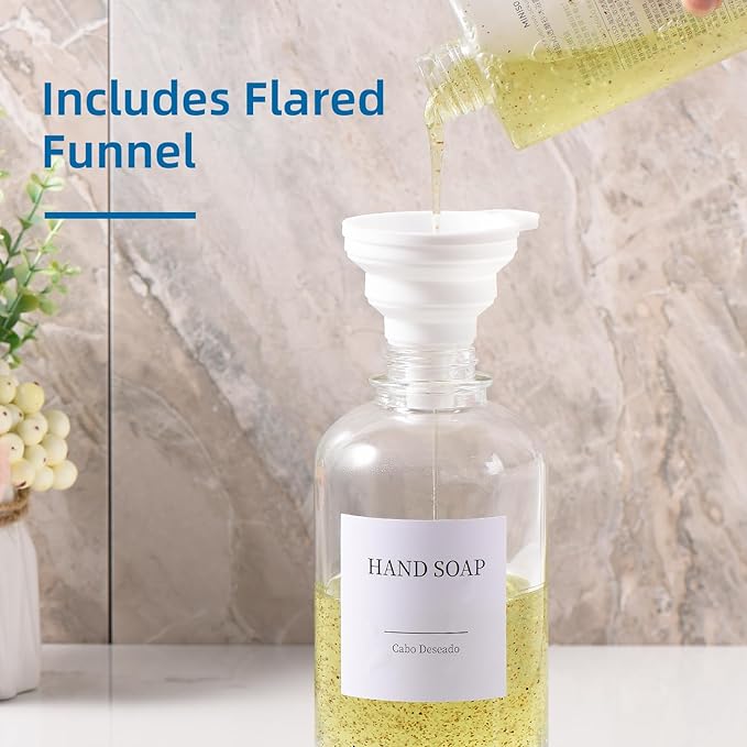 Glass Soap Dispenser with Pump, Dish and Hand Soap Dispenser for Kitchen Bathroom Set, Clear Glass Dispenser Set of 2 Pack with 18 Stickers Funnel Bamboo Tray 500ml 18oz / Each Bottle Gold Pump