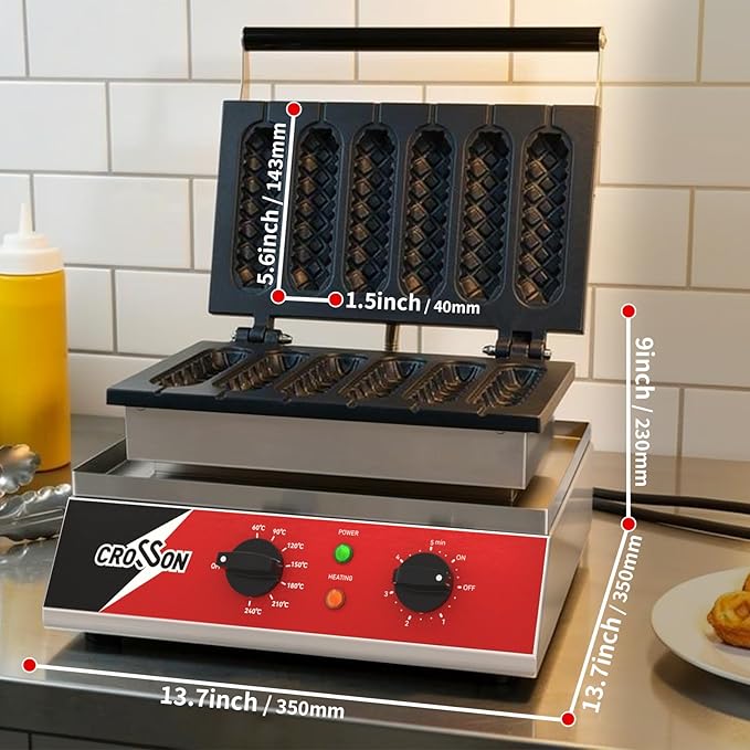 CROSSON Commercial 6PCS Waffle Stick Maker, Non-Stick Triple-Layer Coating Corn Hot Dog Waffle Iron W/ 140-480℉ Temp Range and 5 Minutes Timer, Machine for Restaurant Bakery Snack Bar-120V/1600W