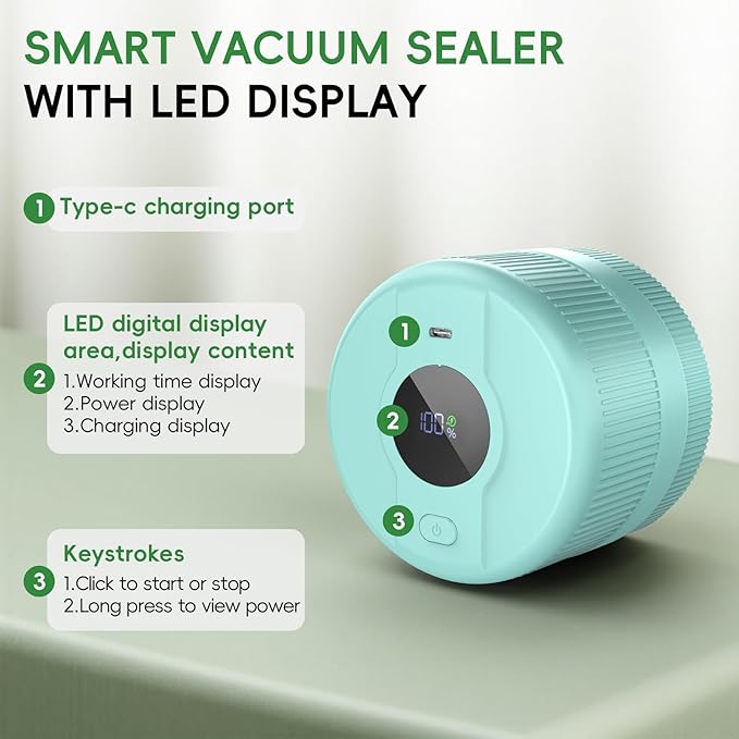 Mason Jar Vacuum Sealer Kit, Electric Sealer for Wide and Regular Mouth Mason Lids, Canning Vacuum Sealer Mason Jar, Automatic Vacuum Sealer Machine for Food Storage - Celadon Blue-Green
