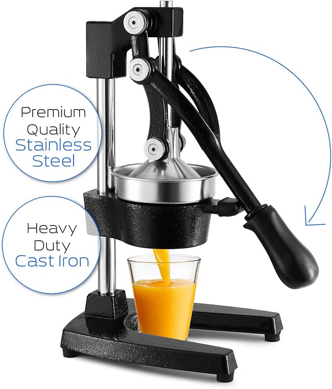 Citrus Juicer - Professional Hand Juicer Citrus Squeezer - 7 PC Juicer Press - Metal Grapefruit, Orange & Lemon Juicer Squeezer with Glass Bottles, Sleeves & Funnel - Black