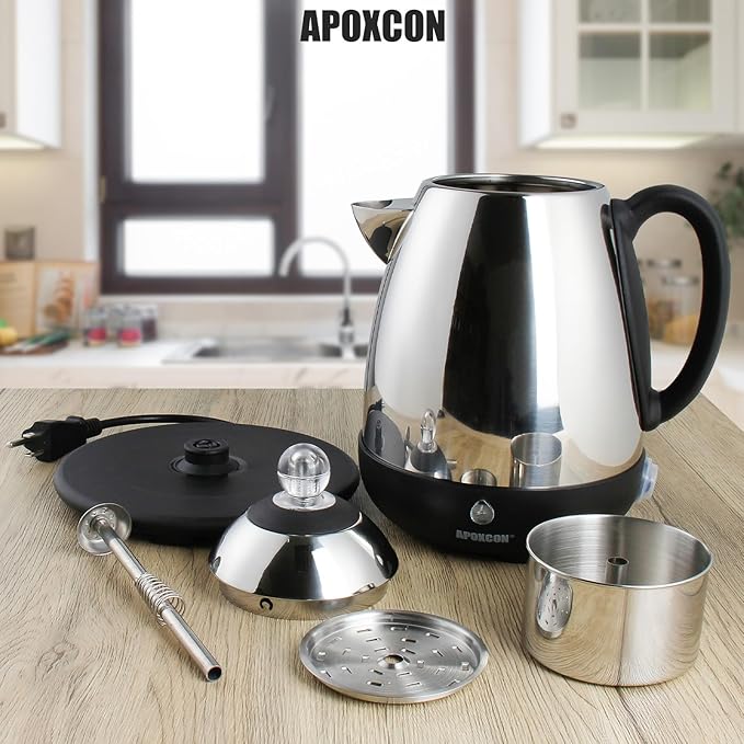 APOXCON Electric Coffee Percolator Stainless Steel Coffee Maker with Clear Brew Progress Knob and No-Drip Spout Auto Keep Warm & Cordless Serving Coffee pot with On/OFF Switch Fast Brew (10 Cup)