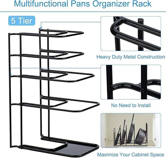 Toplife 2 Pack Heavy Duty Pan Organizer, 5 Tier Pot and Pan Organizer Rack for Cast Iron Skillets, Griddles and Pots - Sturdy Steel Construction- No Assembly Required - Black