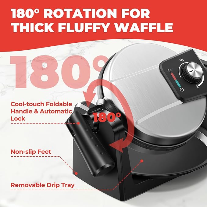 Waffle Maker, Rotating Belgian Waffle Maker, 180° Flip Waffle Iron, Non-Stick Plate, Adjustable Browning Control, Foldable Cool Touch Handle, Removable Drip Tray, Space Saving Storage, Stainless Steel