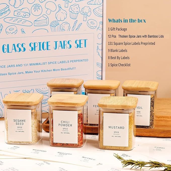 HHMJSM 12 Pcs Square Glass Spice Jars with Natural Bamboo Lids - 5oz Airtight Herb Containers with 148 Waterproof Minimalist Spice Labels Preprinted - Empty Small Seasoning Jars for Kitchen Pantry