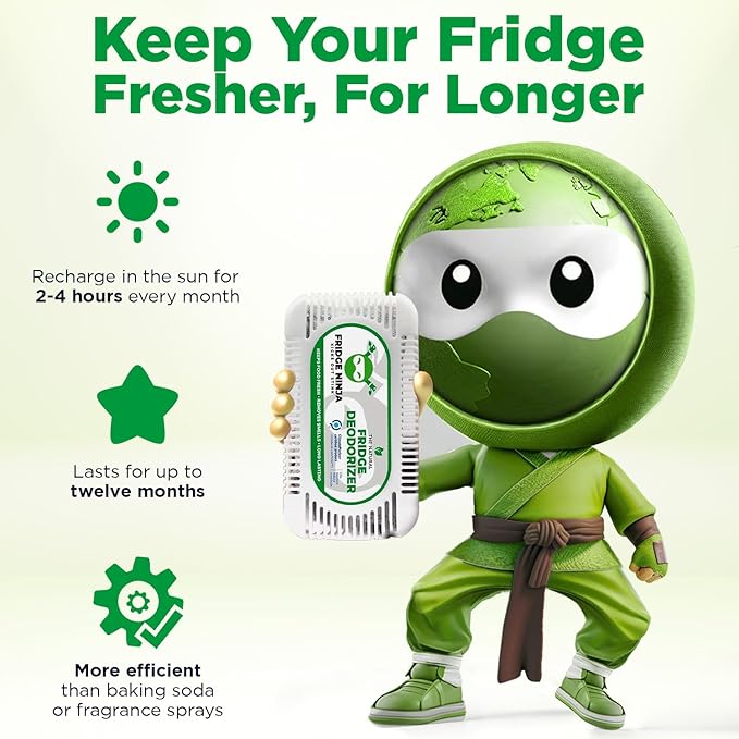 Fridge Ninja Fridge Deodorizer (2 Pack) - More Effective Than Baking Soda - Natural and Unscented Activated Charcoal Refrigerator Deodorizer and Odor Eliminator for Freezers, Coolers, and Lunch Boxes