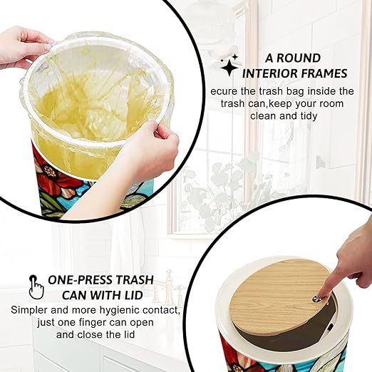 Trash Can with Lid Turquoise Backdrop Fairy Glass Dew Drops Press Top Round Small Garbage Bin with Wooden Legs Waste Basket for Kitchen Bedroom Nursery 7L/1.8 Gallon