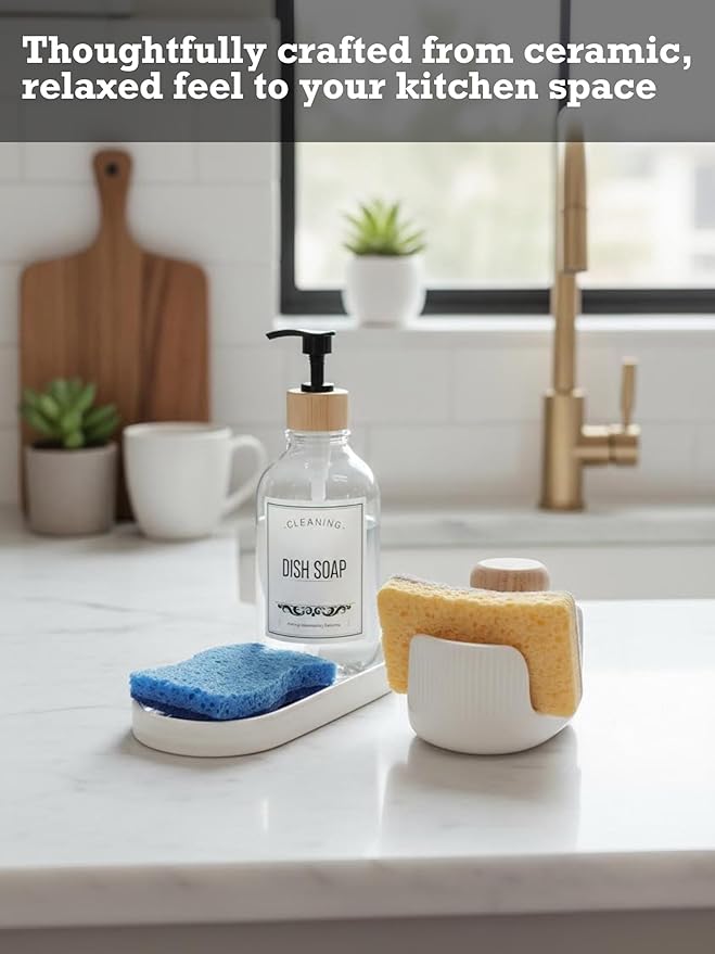 Ceramic Double Sponge Holder with Soap Tray, 2-Slot Countertop Sink Organizer, Modern White Kitchen Sponge & Dish Soap Holder, Rust-Free, Easy to Clean, Decorative Sink Caddy Set