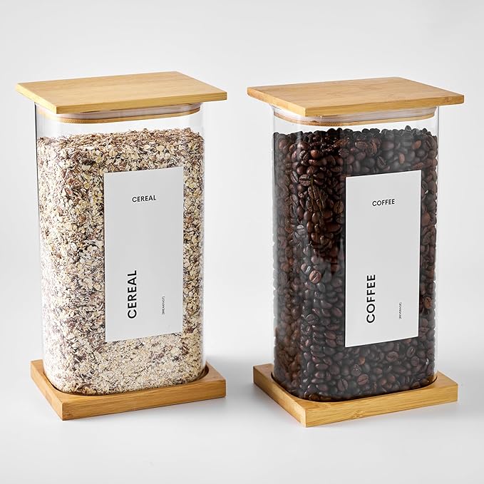 Glass Storage Jars with Bamboo Lids, 100oz Square Food Storage Containers for Kitchen Pantry Organization, Storage Canisters with Labels for Cereal Flour Beans Tea, Large Spice jars Seasoning Bottles