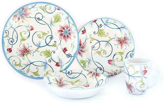 Tudor Royal Collection 24-Piece Round Dinnerware Set, Service for 6, Botanical Design, Summer Flowers, Plates Bowls Mugs Dishes, High-Gloss Premium Quality