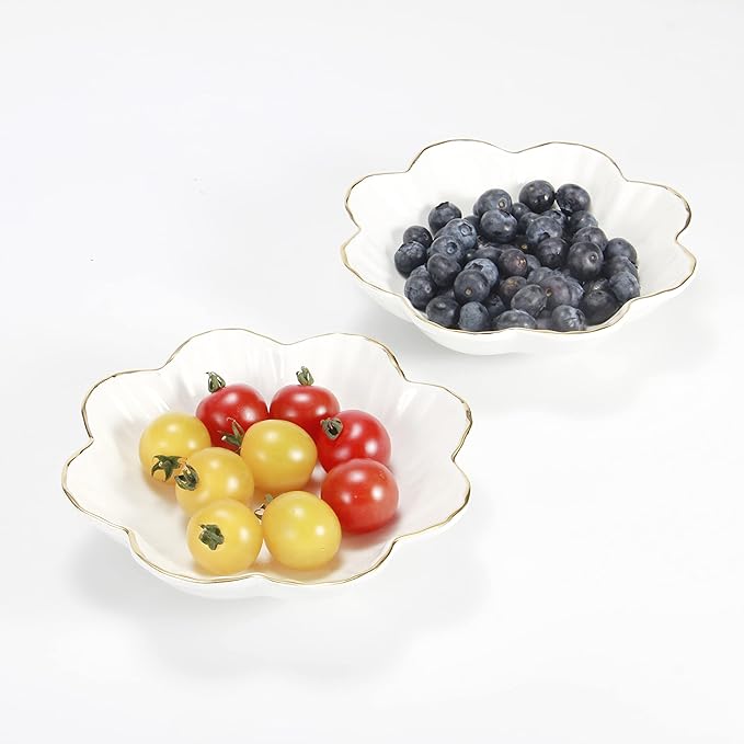 Porcelain Serving Dish,Ceramics Flower Relish Tray with Metallic Rim,Serving Bowls for Wedding,Party Perfect for Small Cereal, Pasta, Salad, Candy and Snacks White 6.6 inch (6.6 inch)