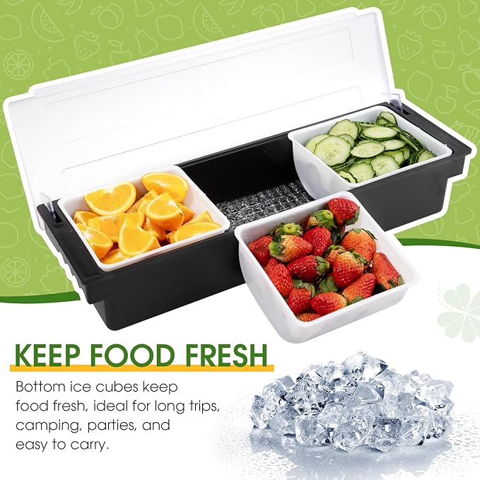 Ice Cooled Condiment Serving Container Fruit Veggie Condiment Caddy Plastic Garnish Station with Lid for Fruit,Ice Cream,Salad Bar-Topping Organizer for Restaurant Supplies (3 Compartments)