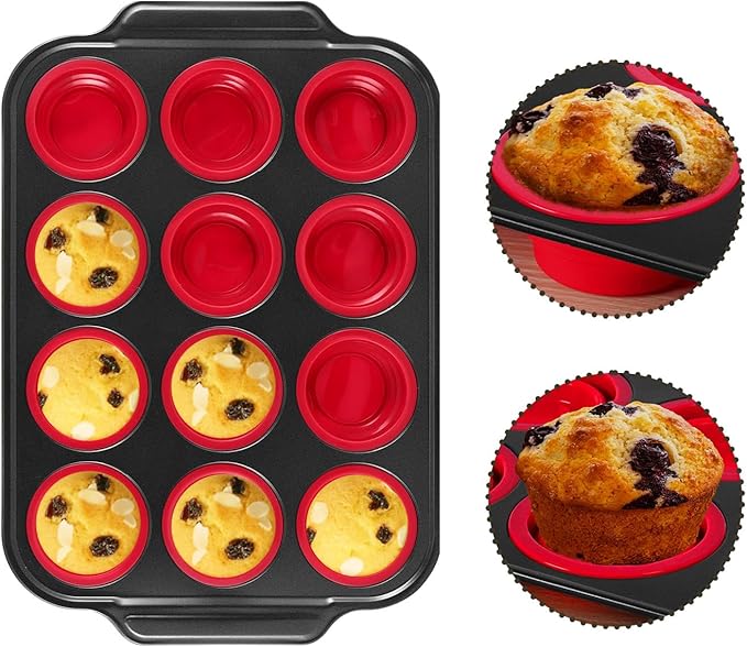 Silicone Muffin Pan, 2024 New Metal Frame Muffin Tin Egg Bites Cupcake Pan, Silicone Mini Muffin Pans for Baking Nonstick 12, Oven and Dishwasher Safe Silicone Molds, Red