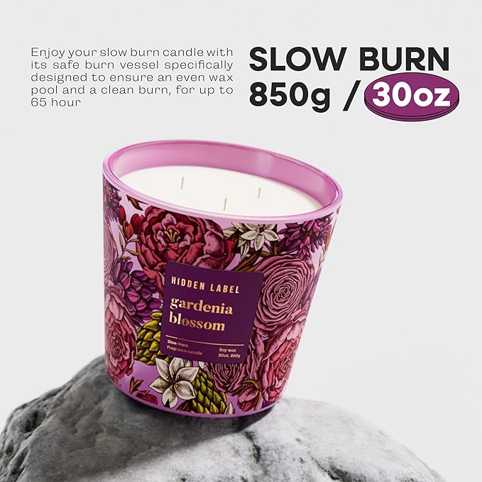 Hidden Label Gardenia Blossom Scented Candle, 30oz Large 3 Wick Natural Soy Wax Candle, 100 Hours Slow Burn Aromatherapy Candle for Stress Relief, Relax & Sleep, Gifts for Women & Men