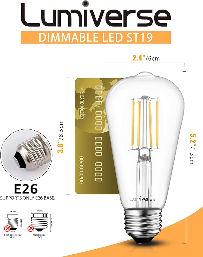 Lumiverse 36 Pack E26 led Bulb 60 watt dimmable Vintage LED Edison Bulbs 5.5W, 60W Equivalent, 2700K Soft White, Antique Style ST19/ST58 LED Light Filament Bulbs, CRI 90+, E26 Base