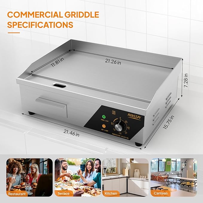 Bonnlo 22 Inch 1600W Commercial Griddle with Stainless Steel Countertop, Flat Griddle, 122-572℉ Adjustable Temp Control of Electric Flat Top Grill for Cheese 、Steak and Egg Indoor and Restaurant