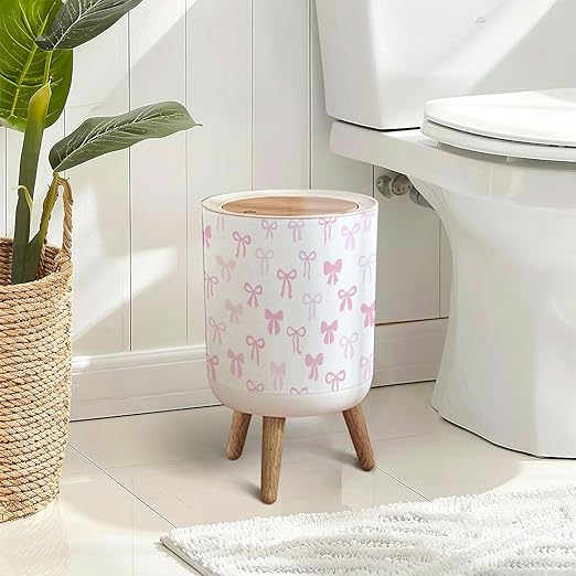 Trash Can with Lid Pink Bow Cute Seamless Elegant Coquette Hand Drawn Ribbon Press Top Round Small Garbage Bin with Wooden Legs Waste Basket for Kitchen Bedroom Nursery 7L/1.8 Gallon