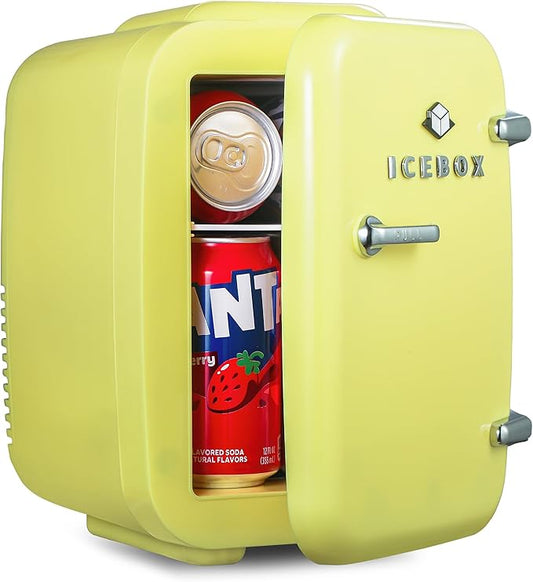 ICEBOX IBMF4SUN Mini Fridge For Bedroom, Skincare Refrigerator, Portable Cooler & Warmer for Makeup, for Office & Home, Mini (4 L / 6-Can), Sun Yellow
