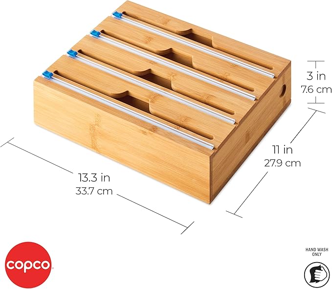 Copco In Drawer or Mounted 4 Compartment Organizer for Plastic, Foil, Wax and Parchment Paper featuring Easy Slide Tabs for Perfect Cut, With 21 Customizable Labels, Bamboo, 13.3 x 11 x 3 Inch