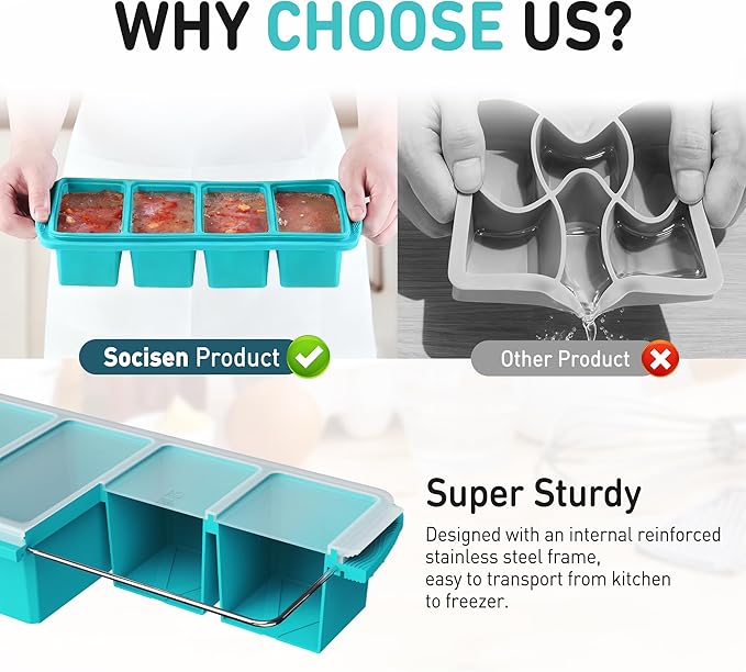 Silicone Freezer Tray With Lid Soup Freezer Container Molds with Steel Reinforced Rim Ice Cube Freezer Molds for Soup, Sauce, Leftovers, Homemade Meal Prep Containers Portion Control Food Storage