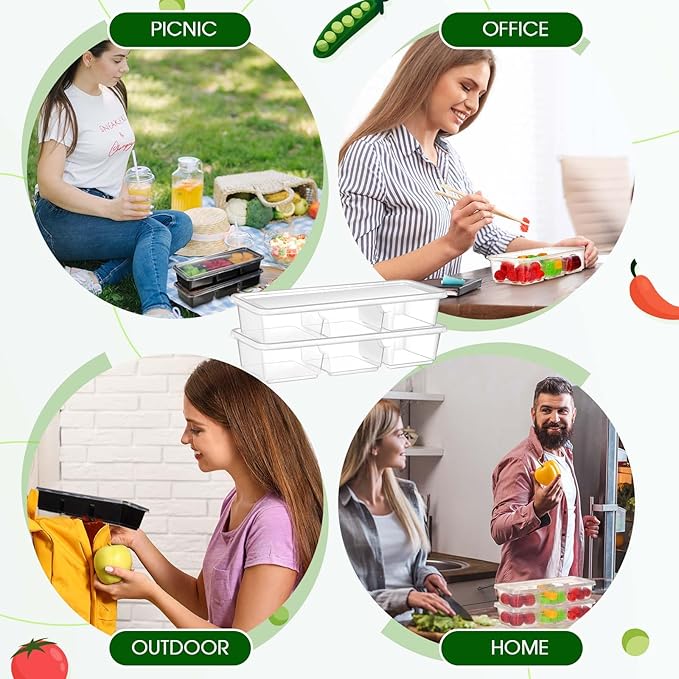 Hushee 25 Pack 17 oz Small Meal Prep Containers with 3 Compartments Snack Containers with Lid Disposable Plastic Bento Box Travel Lunch Food Boxes Stackable for Office Picnic (Black,Clear)